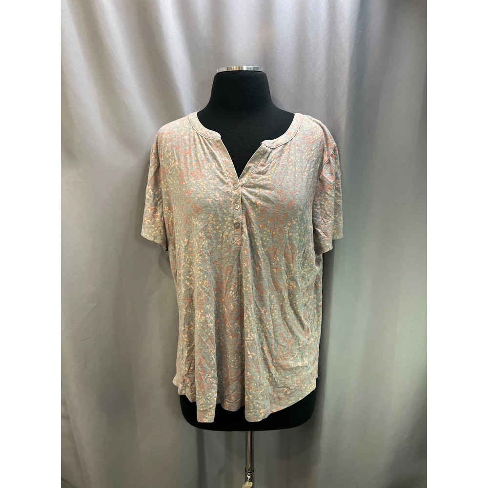 Liz Claiborne Blouse Top Women 2XL Gray Rayon Floral Print Split Neck Curved Hem